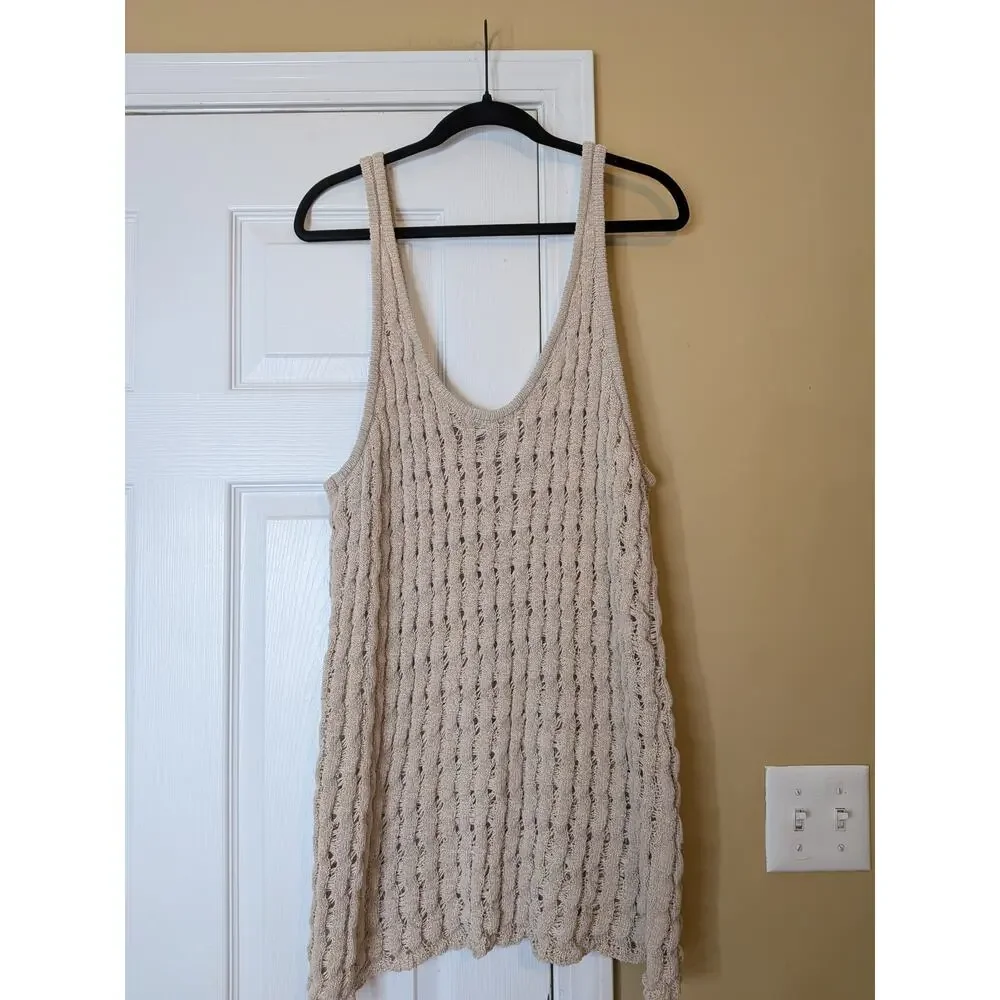 Free People Bonnie Sweater Tunic Size Medium Tan Crochet Knit Cover Up Boho